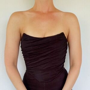 Black draped sheer mesh strapless zip back bustier corset crop top size small